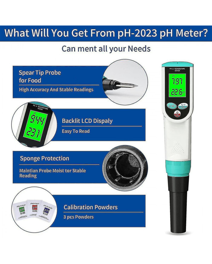 Ph mètre avec testeur de ph alimentaire atc, ph mètre numérique étanche avec haute précision ph / temperatur
