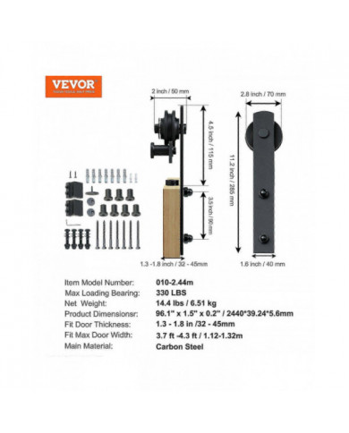 Kit de quincaillerie de porte de grange coulissante de 8 pieds, 330 lb, pour porte simple, avec poulie lisse et [...]