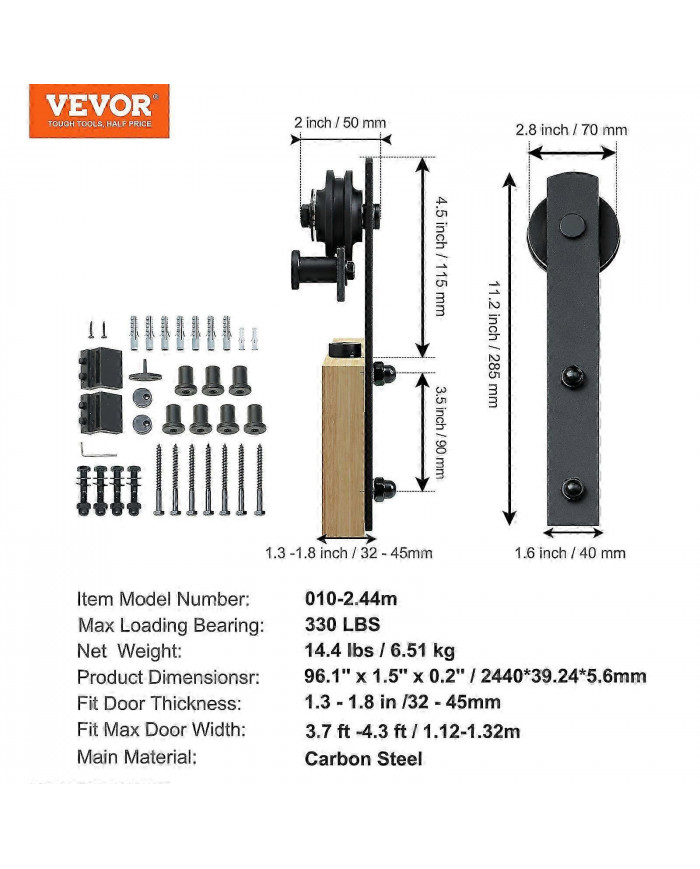 Kit de quincaillerie de porte de grange coulissante de 8 pieds, 330 lb, pour porte simple, avec poulie lisse et [...]