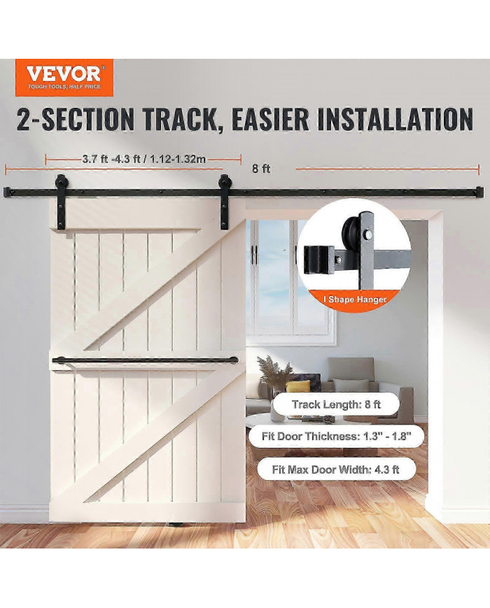Kit de quincaillerie de porte de grange coulissante de 8 pieds, 330 lb, pour porte simple, avec poulie lisse et [...]