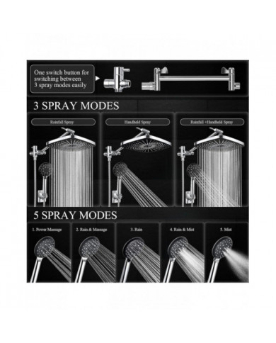Rain Shower Head With 5 Settings High Pressure Handheld Spray, Adjustable Extension Arm, Chrome Dual Shower Head [...]