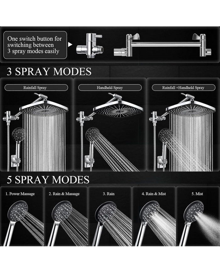 Rain Shower Head With 5 Settings High Pressure Handheld Spray, Adjustable Extension Arm, Chrome Dual Shower Head [...]