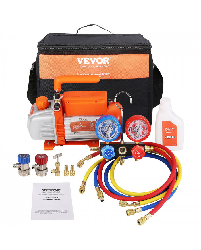 Pompe à vide et jauge 1/5 HP 3,5 CFM AC, à un étage avec sac de transport de tuyau tricolore, applicable à R134a, R410a