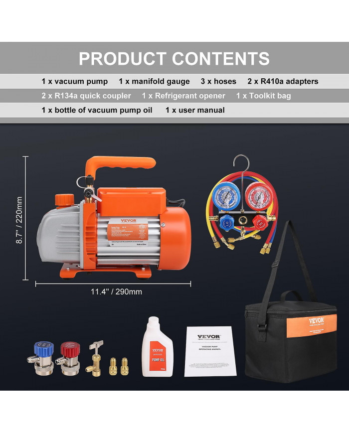 Pompe à vide et jauge 1/5 HP 3,5 CFM AC, à un étage avec sac de transport de tuyau tricolore, applicable à R134a, R410a
