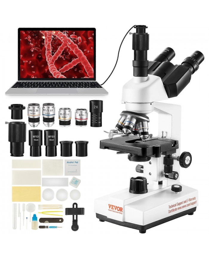 Microscope trinoculaire composé, grossissement 40X-5000X, lames de microscope incluses