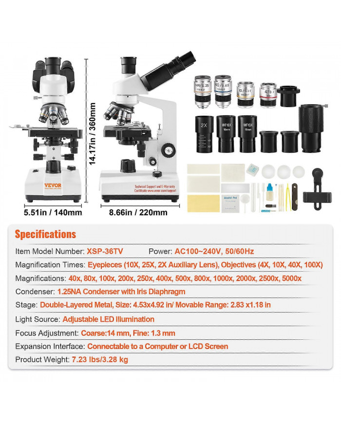 Microscope trinoculaire composé, grossissement 40X-5000X, lames de microscope incluses