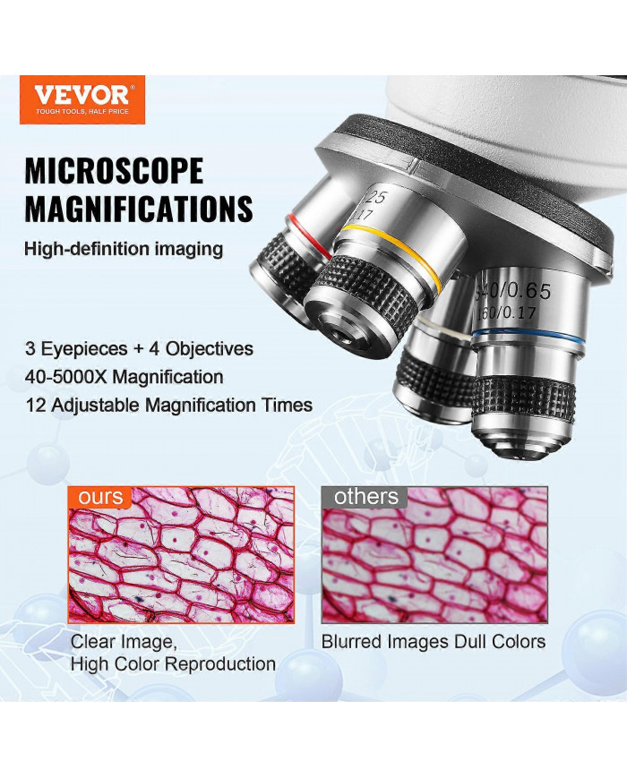 Microscope trinoculaire composé, grossissement 40X-5000X, lames de microscope incluses