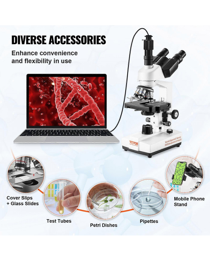 Microscope trinoculaire composé, grossissement 40X-5000X, lames de microscope incluses