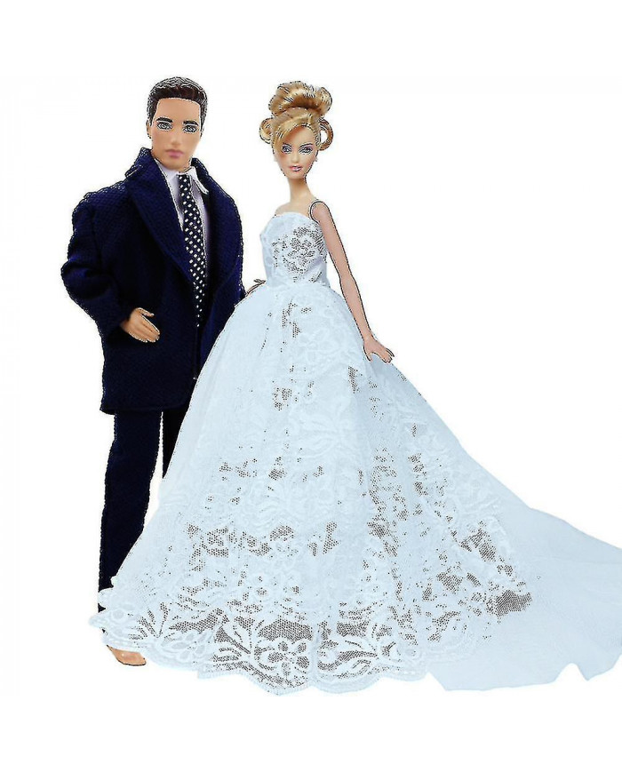 2 Set Haute Qualité Bride Robe de mariée Veil + Bridegroom Costume Chemise Pantalon Vêtements pour Barbie Poupée [...]