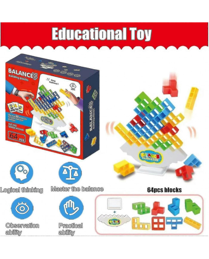 64pcs Tetra Tower Balance Stacking Blocks Game, Jeux de société pour 2 joueurs + Jeux de famille