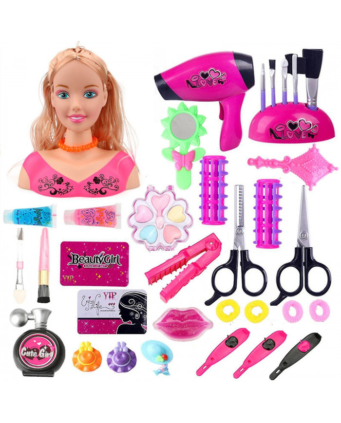 35 Pcs Jouet Enfants Maquillage Faire semblant Playset Styling Tête Poupée Coiffure Beauté Jeu Avec Sèche-Cheveux Cadeau