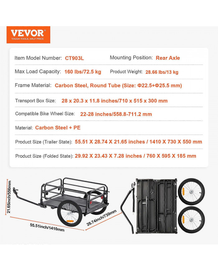 Remorque cargo pour vélo, capacité de charge de 160 lb, rangement compact pliable et dégagement rapide avec [...]