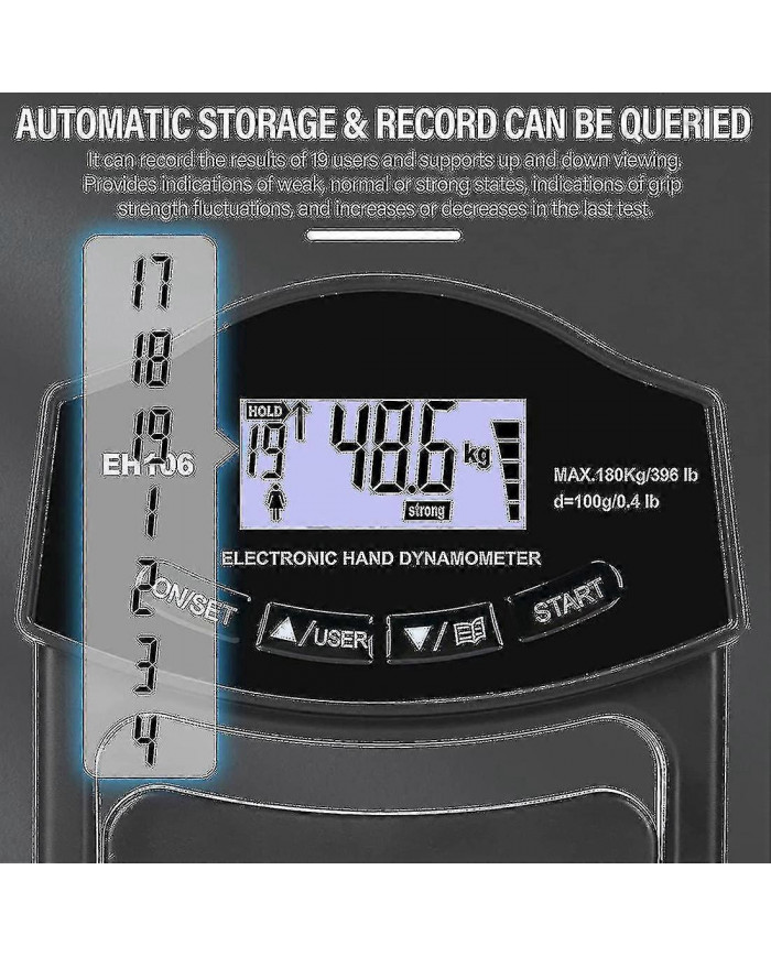 Testeur de force de préhension, 396lbs / 180kg Dynamomètre à main numérique Grip Strength Meter Usb Écran LCD [...]