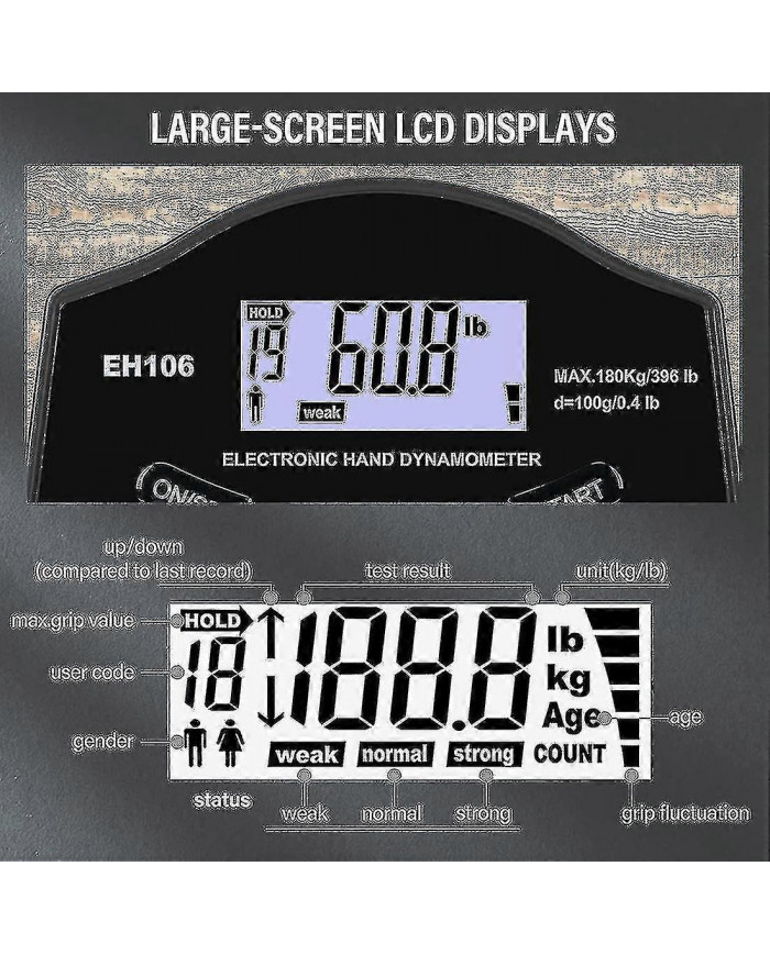 Testeur de force de préhension, 396lbs / 180kg Dynamomètre à main numérique Grip Strength Meter Usb Écran LCD [...]
