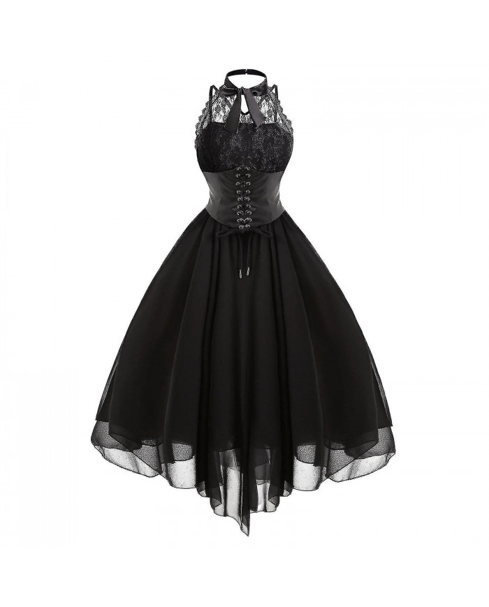 Steampunk Femmes Gothique Robe Sans Manches Haute Basse Design Dentelle Costume Médiéval