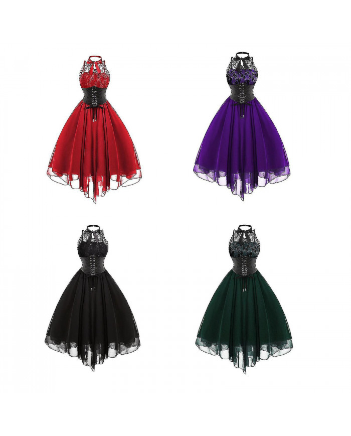 Steampunk Femmes Gothique Robe Sans Manches Haute Basse Design Dentelle Costume Médiéval