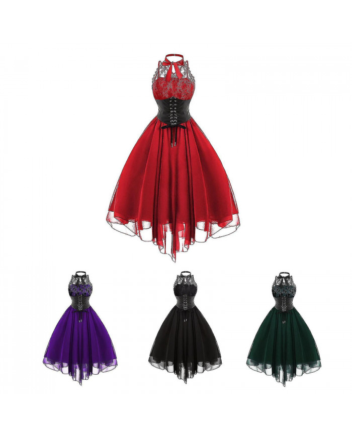 Steampunk Femmes Gothique Robe Sans Manches Haute Basse Design Dentelle Costume Médiéval