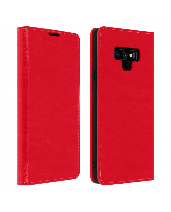 Étui Folio en cuir véritable Galaxy Note 9 Porte-cartes Support vidéo rouge