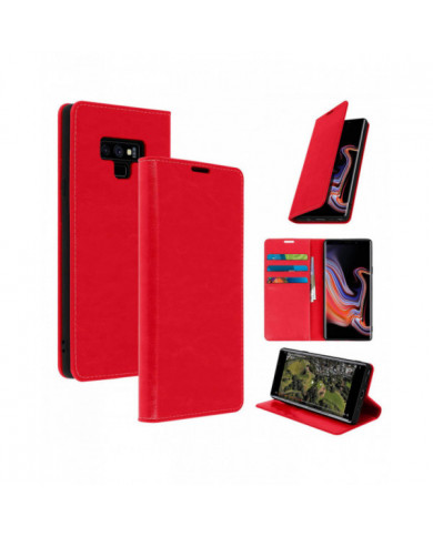 Étui Folio en cuir véritable Galaxy Note 9 Porte-cartes Support vidéo rouge