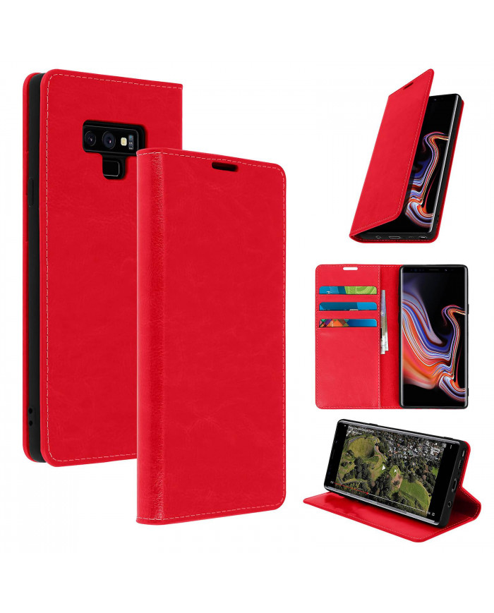 Étui Folio en cuir véritable Galaxy Note 9 Porte-cartes Support vidéo rouge