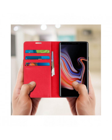 Étui Folio en cuir véritable Galaxy Note 9 Porte-cartes Support vidéo rouge
