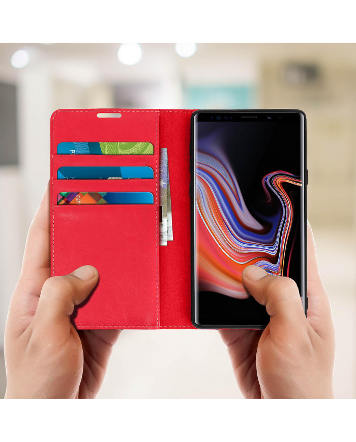 Étui Folio en cuir véritable Galaxy Note 9 Porte-cartes Support vidéo rouge
