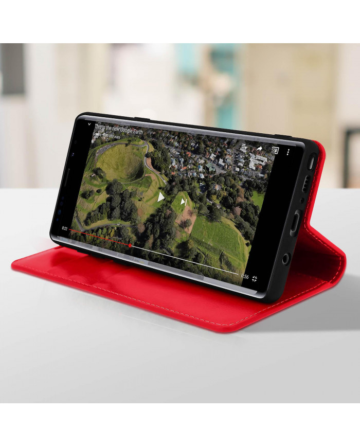 Étui Folio en cuir véritable Galaxy Note 9 Porte-cartes Support vidéo rouge