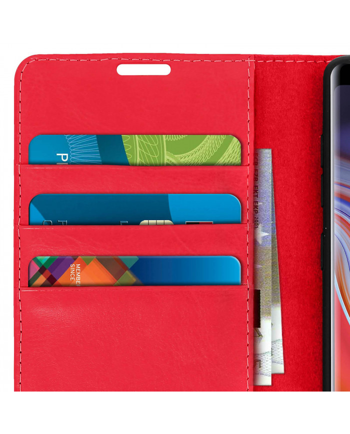 Étui Folio en cuir véritable Galaxy Note 9 Porte-cartes Support vidéo rouge
