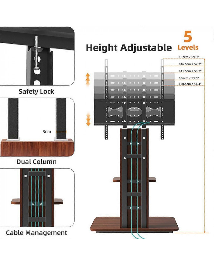 Support de sol pour téléviseur robuste à 5 niveaux Support de montage pour téléviseur réglable en hauteur jusqu’à 65 po