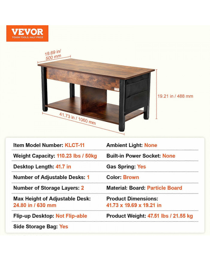 Table basse à plateau relevable, table basse rectangulaire de 41,7 po avec poches de rangement supplémentaires, [...]