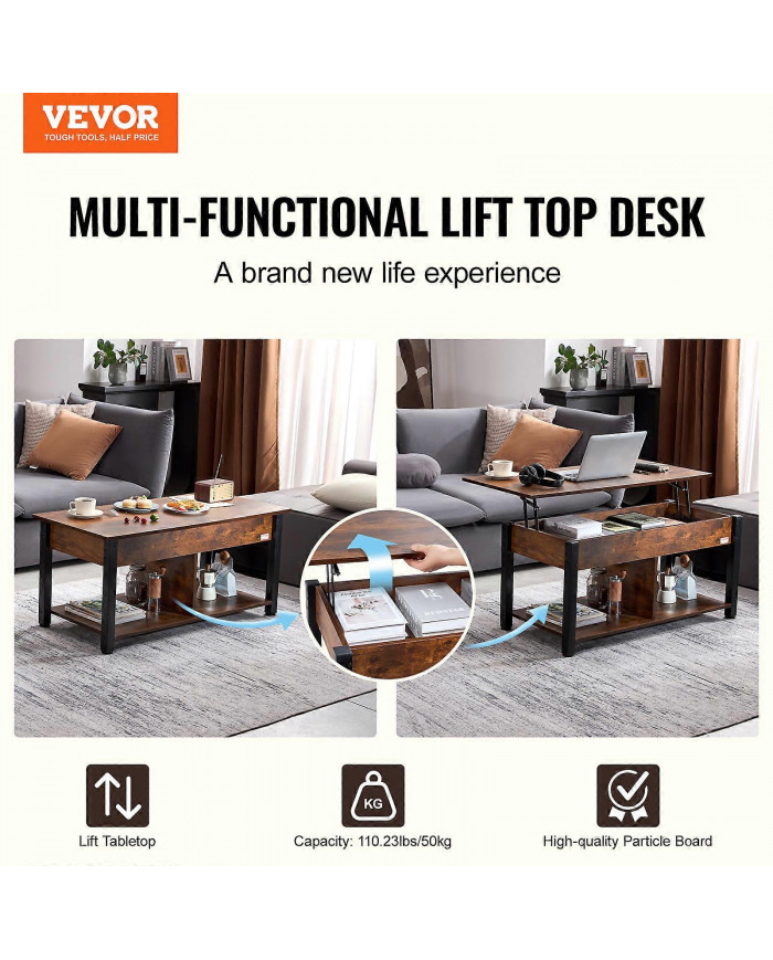 Table basse à plateau relevable, table basse rectangulaire de 41,7 po avec poches de rangement supplémentaires, [...]