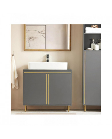 SoBuy Meuble sous-lavabo pour meuble de salle de bain avec 2 portes, gris et doré, BZR129-HG