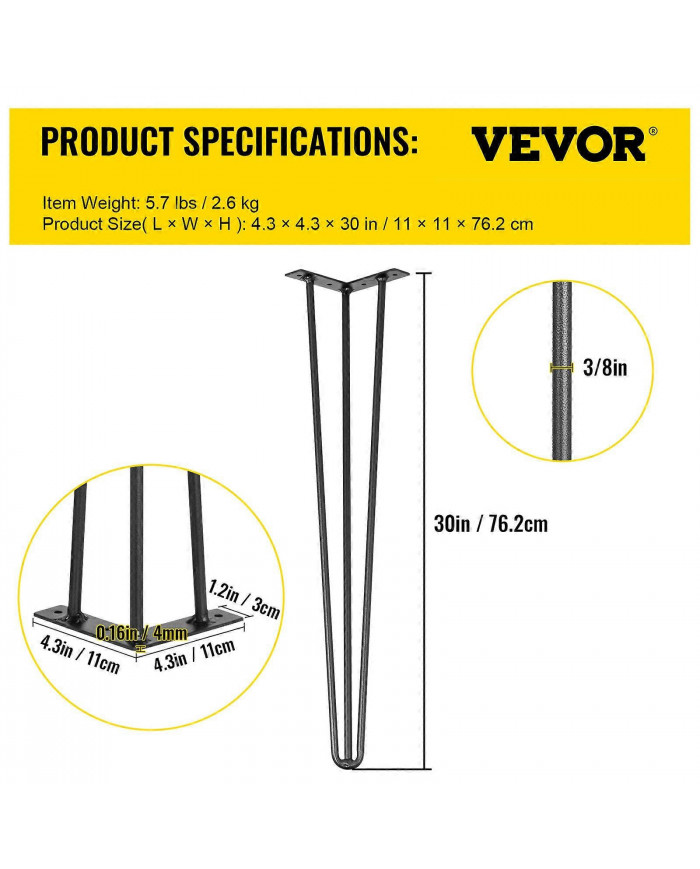 4 x pieds en épingle à cheveux / pieds en épingle à cheveux ensemble pour meubles banc bureau table en acier