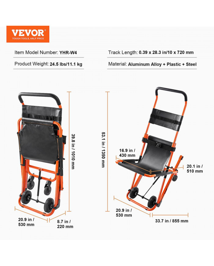 Chaise d’escalier manuelle, capacité de charge de 350 lb, fauteuil roulant d’escalier d’urgence pliable avec 4 roues