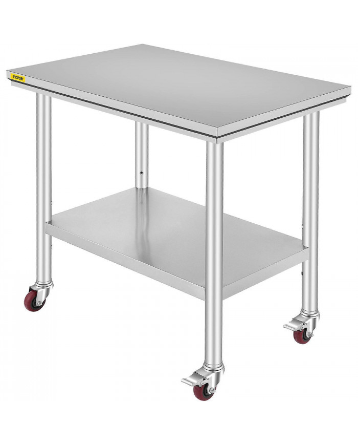 90x60 CM Table En Acier Inoxydable Banc De Travail Restauration w / Roues Roulettes Table De Préparation