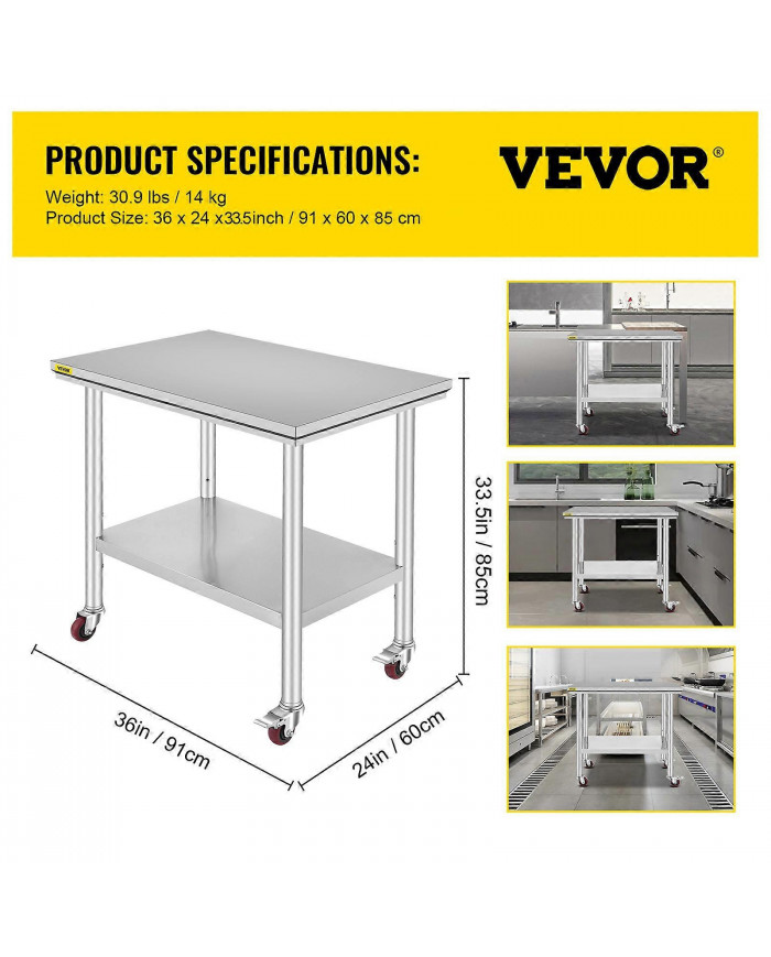 90x60 CM Table En Acier Inoxydable Banc De Travail Restauration w / Roues Roulettes Table De Préparation