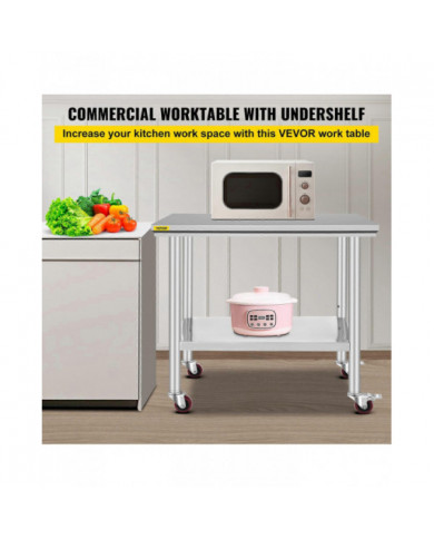 90x60 CM Table En Acier Inoxydable Banc De Travail Restauration w / Roues Roulettes Table De Préparation