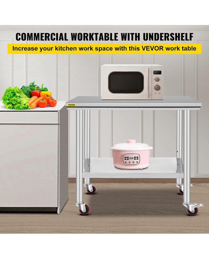 90x60 CM Table En Acier Inoxydable Banc De Travail Restauration w / Roues Roulettes Table De Préparation