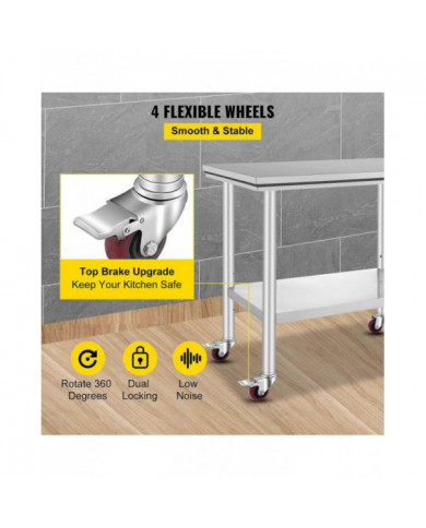 90x60 CM Table En Acier Inoxydable Banc De Travail Restauration w / Roues Roulettes Table De Préparation