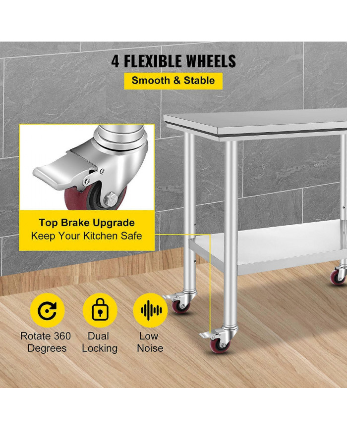 90x60 CM Table En Acier Inoxydable Banc De Travail Restauration w / Roues Roulettes Table De Préparation