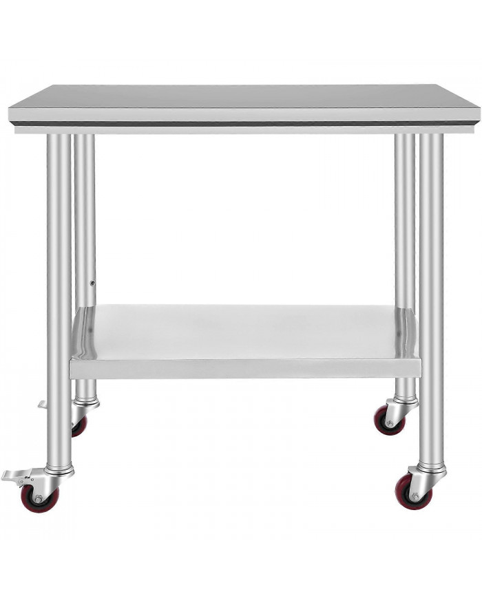 90x60 CM Table En Acier Inoxydable Banc De Travail Restauration w / Roues Roulettes Table De Préparation