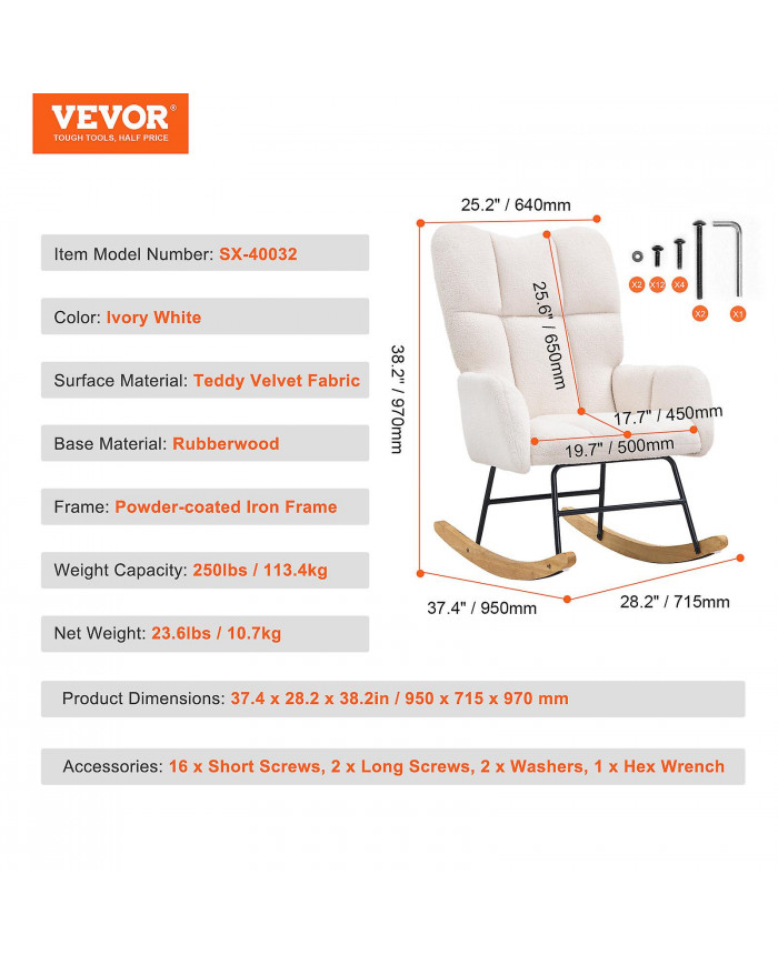 Chaise berçante pour chambre d’enfant, capacité de poids de 250 lb Chaise berçante coulissante rembourrée en tissu [...]