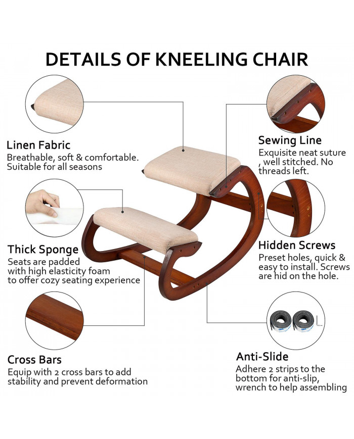 Chaise ergonomique Agenouillée Velours Chaises de bureau Accueil Rocking Posture Tabouret Bois