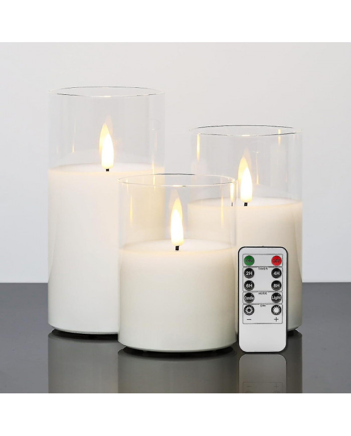 Clear Glass LED Candles with Remote Flickering Realistic Flameless Battery Candles Set of 3 D 3" H 4" 5" 6"
