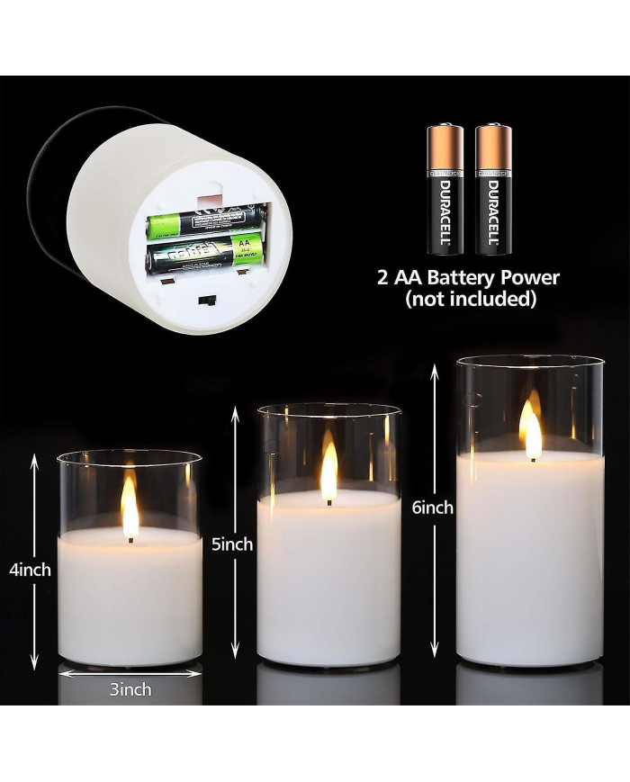 Clear Glass LED Candles with Remote Flickering Realistic Flameless Battery Candles Set of 3 D 3" H 4" 5" 6"