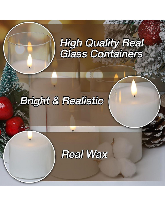 Clear Glass LED Candles with Remote Flickering Realistic Flameless Battery Candles Set of 3 D 3" H 4" 5" 6"