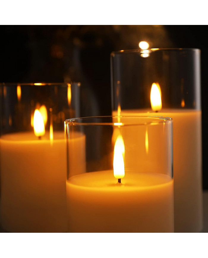 Clear Glass LED Candles with Remote Flickering Realistic Flameless Battery Candles Set of 3 D 3" H 4" 5" 6"
