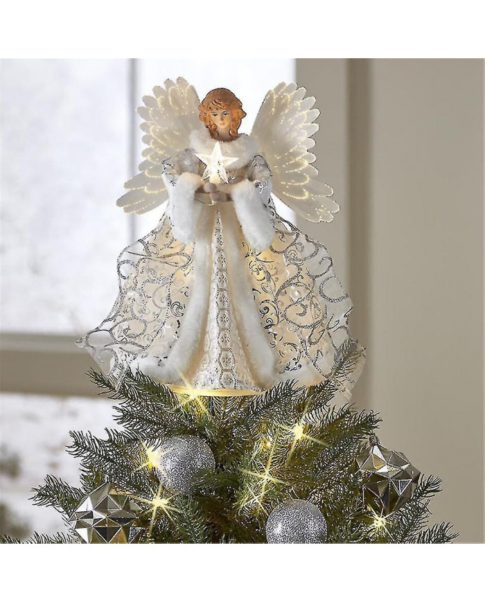 Topper d’arbre d’ange de Noël blanc avec lumières LED