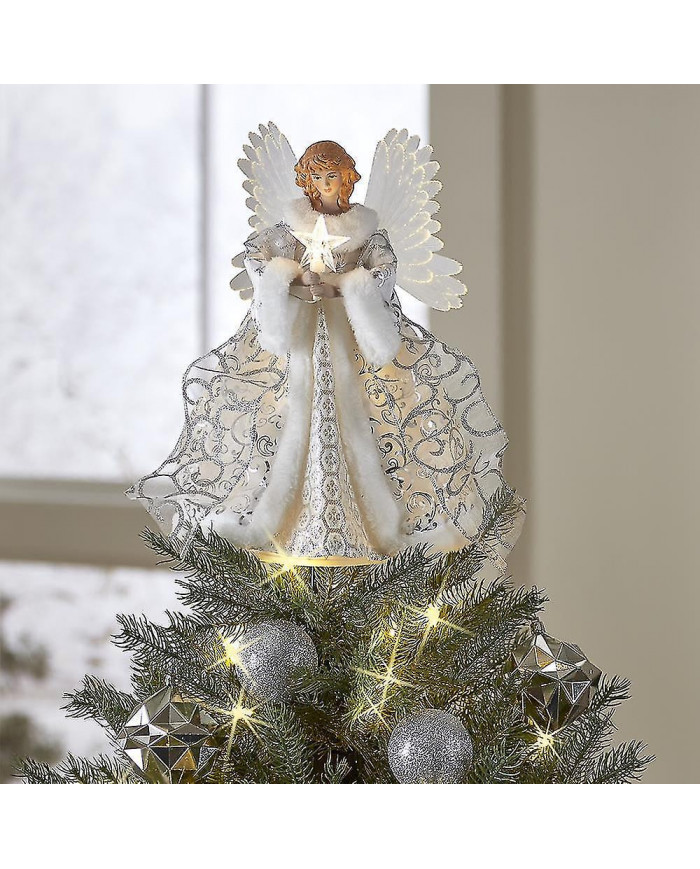 Topper d’arbre d’ange de Noël blanc avec lumières LED