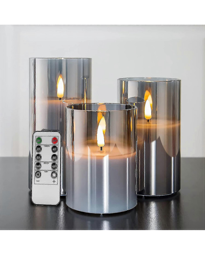 Bougies scintillantes sans flamme en verre gris argenté avec télécommande, 3 pack réalistes led fausses bougies 3 [...]